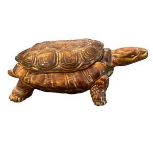 VTG Arnels Pottery Ceramic Brown Turtle Candy Trinket Dish w Lid Glazed Glass